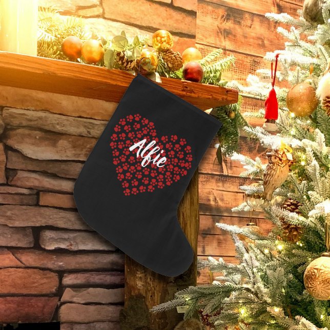 Red Heart in Paw Prints Pet Name Christmas Large Christmas Stocking (Creator Uploaded)