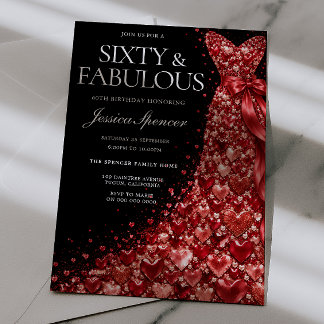 Red Heart Jewel Dress Black 60th Birthday Invitation