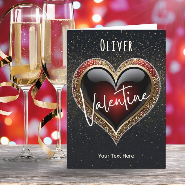 Red Heart Jewel Glitter Effect Valentine's Day Holiday Card (A modern and elegant Valentine's Day card, with ruby-red love heart and customizable text)