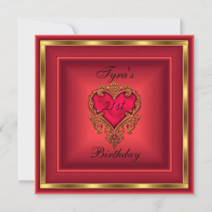 Red Heart Jewel Gold Elegant 21st Birthday Party Invitation