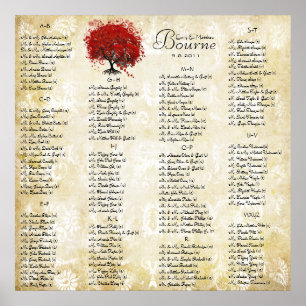 Red Heart Leaf Damask Wedding Seating Chart