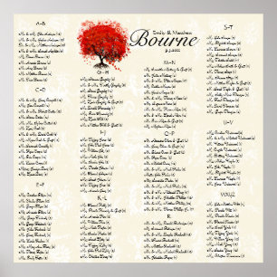 Red Heart Leaf Damask Wedding Seating Chart