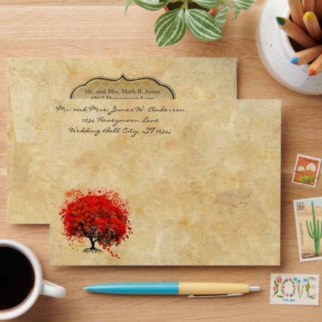 Red Heart Leaf Renaissance Parchment Wedding Envelope (Desk)