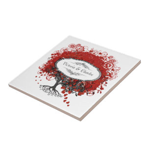 Red Heart Leaf Tree Ceramic Tile