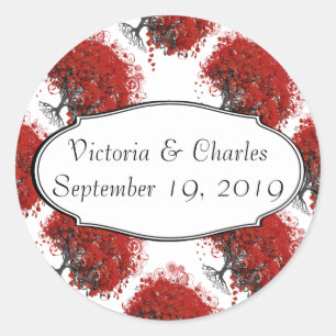 Red Heart Leaf Tree Classic Round Sticker