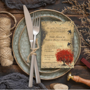 Red Heart Leaf Tree Mediaeval Renaissance Wedding Invitation
