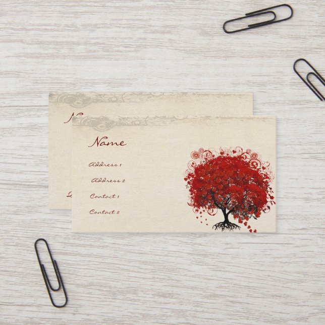 Red Heart Leaf Tree Roots Swirls Hearts Business Card (Front/Back In Situ)