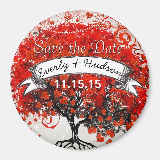Red Heart Leaf Tree Save the Date Under Stars Magnet (Front)