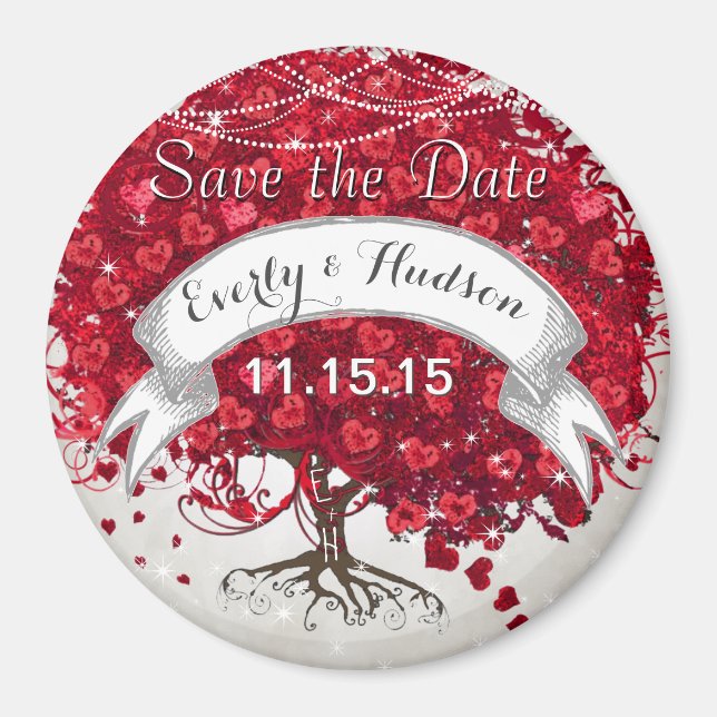 Red Heart Leaf Tree Save the Date Winter Fall Magnet (Front)