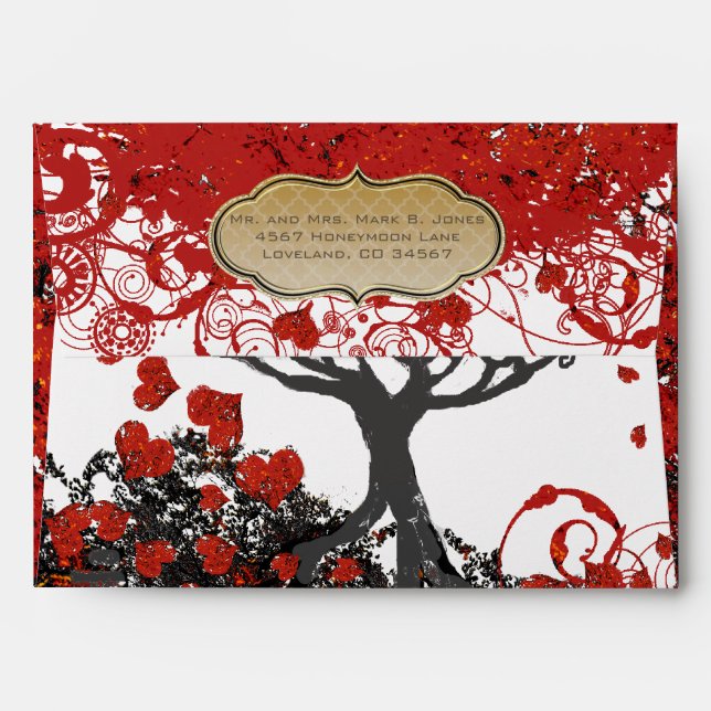 Red Heart Leaf Tree Wedding Envelopes (Back (Top Flap))