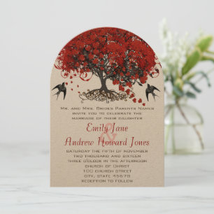 Red Heart Leaf Tree Wedding Invitations