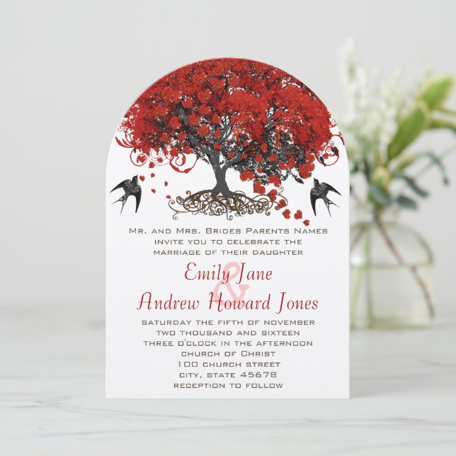Red Heart Leaf Tree Wedding Invitations (Standing Front)