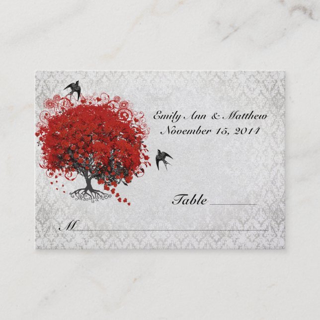 Red Heart Leaf Tree Wedding Place Card (Front)