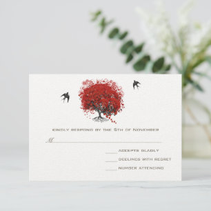 Red Heart Leaf Tree Wedding RSVP Card