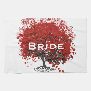 Red Heart Leaf Tree Wedding Tea Towel