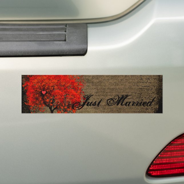 Red Heart Leafed Tree Just Married Bumper Sticker (On Car)