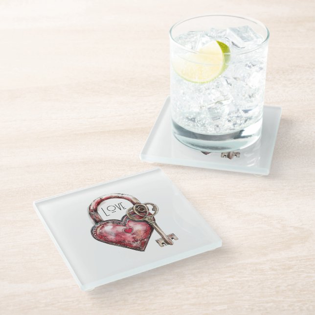 Red Heart Lock & Key Love Glass Coaster (Angled)