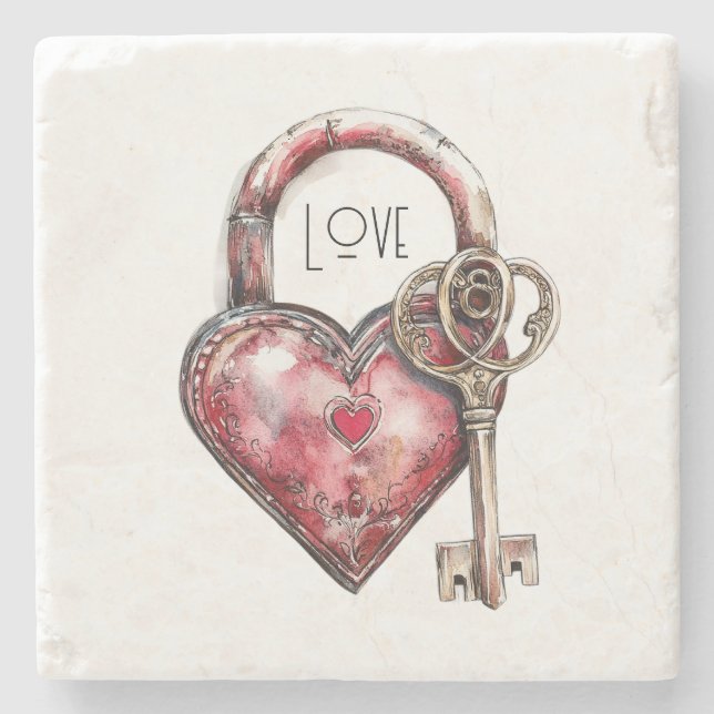 Red Heart Lock & Key Love Stone Coaster (Front)