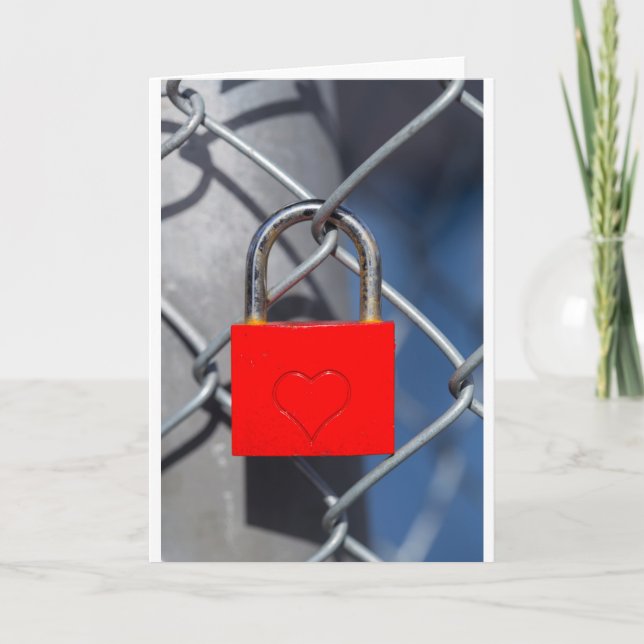 Red heart lock on fence holiday card (Front)