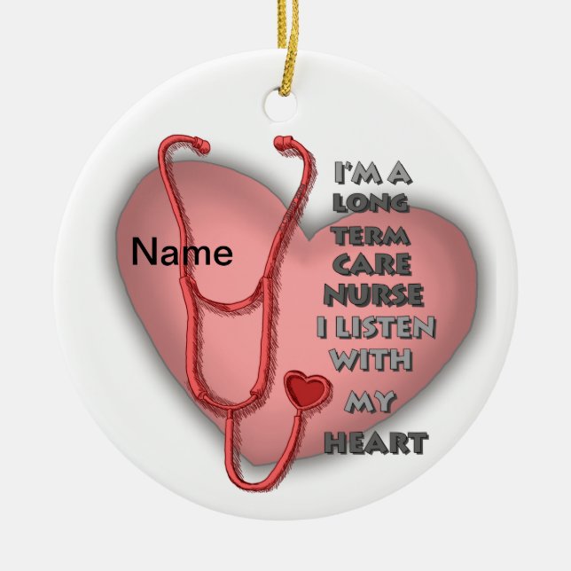 Red Heart Long Term Care Nurse Ceramic Ornament (Front)