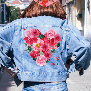 Red Heart Love pink  Floral Valentines day Women Denim Jacket