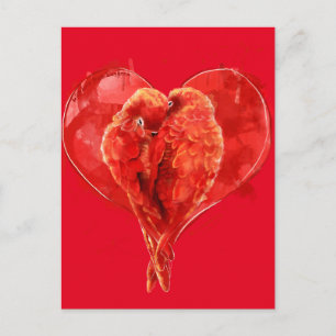 Red heart. Loving parrots. Postcard
