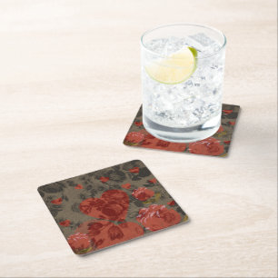 Red heart on beautiful vintage floral  square paper coaster
