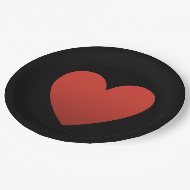 Red Heart on Black Paper Plate (Angled)
