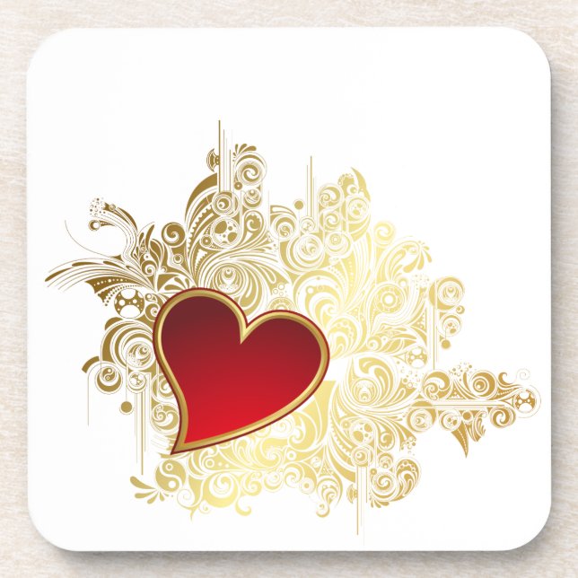 Red Heart on Gold Filigree Coaster (Front)