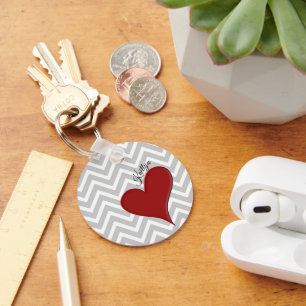 Red Heart on Grey Chevron Stripe with Name Key Ring