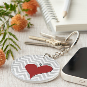 Red Heart on Grey Chevron Stripe with Name Key Ring
