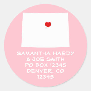 Red Heart on Pink and White Colorado Address Classic Round Sticker