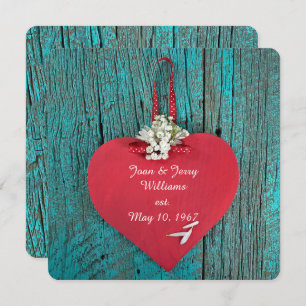 red heart on turquoise wood vow renewal invitation