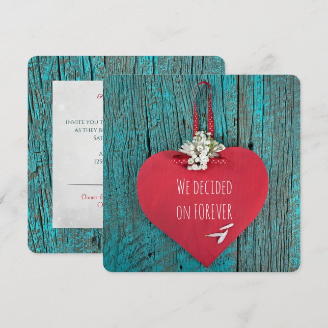 red heart on turquoise wood wedding invitation (Front/Back)