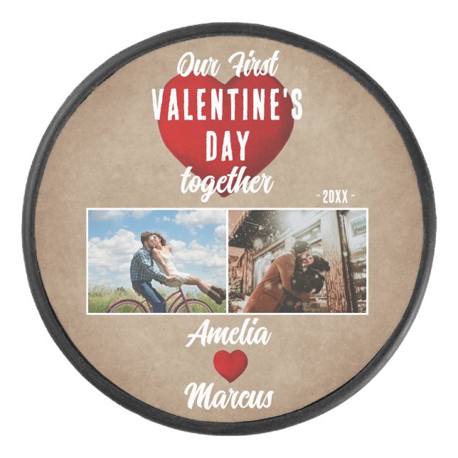 Red Heart Our First Valentine's Together 2 Photo Hockey Puck (Front)