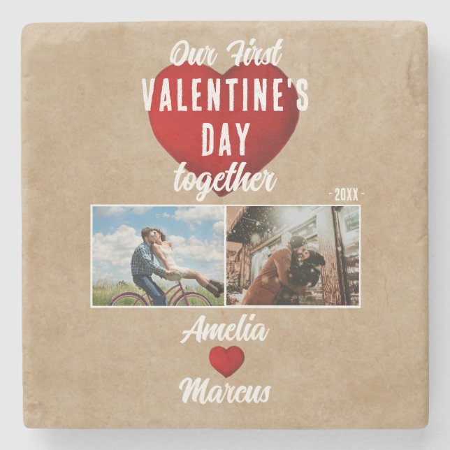 Red Heart Our First Valentine's Together 2 Photo Stone Coaster (Front)