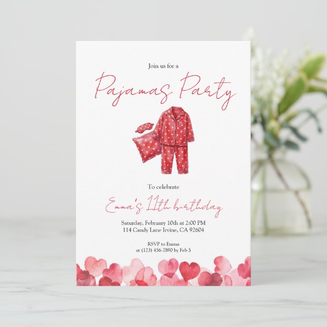 Red Heart Pajamas Sleepover Birthday Invitation (Standing Front)