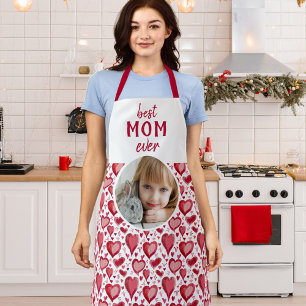 Red Heart Pattern Best Mum Photo Mother`s Day Apron