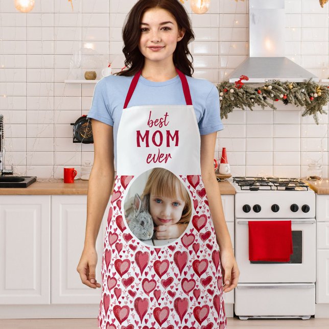 Red Heart Pattern Best Mum Photo Mother`s Day Apron (Creator Uploaded)