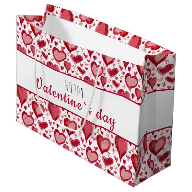 Red Heart Pattern Happy Valentine`s Day Large Gift Bag (Front Angled)