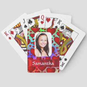 Red heart pattern personalised photo template playing cards