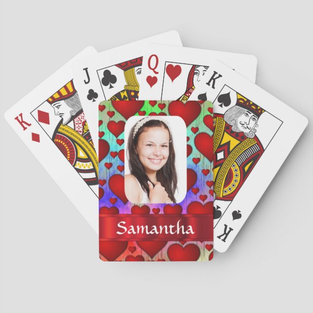 Red heart pattern personalised photo template playing cards (Back)