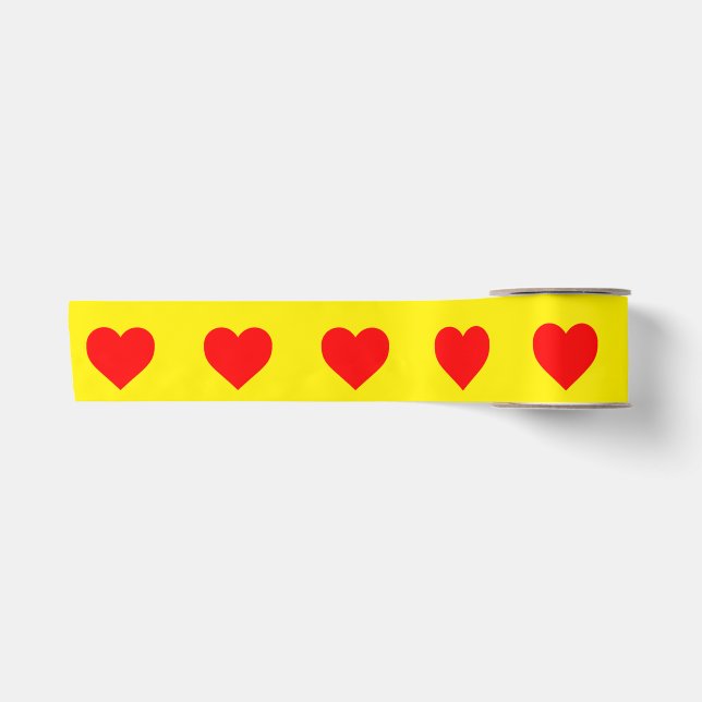 Red Heart Pattern Yellow Background Satin Ribbon (Front)
