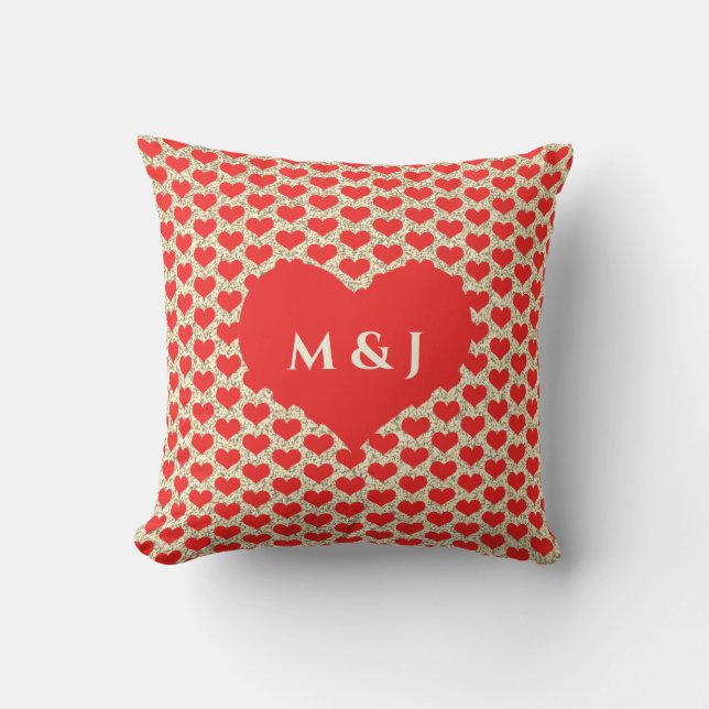 Red Heart Patterns Monograms Gold Glitter Cute Cushion (Front)