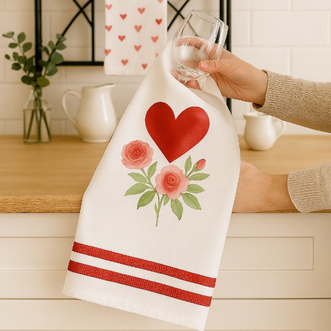 Red Heart Pink Roses Valentine's Day Tea Towel (Add romantic charm to your kitchen with Valentine’s Day towels featuring hearts, roses, and stripes.)