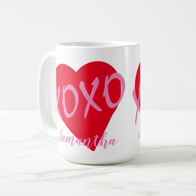 Red Heart Pink XOXO Valentine's Day Modern  Coffee Mug (Front Left)