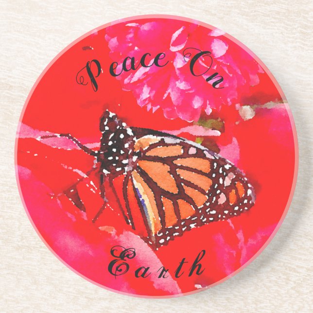 Red Heart Poinsettia Watercolor Monarch Butterfly  Coaster (Front)