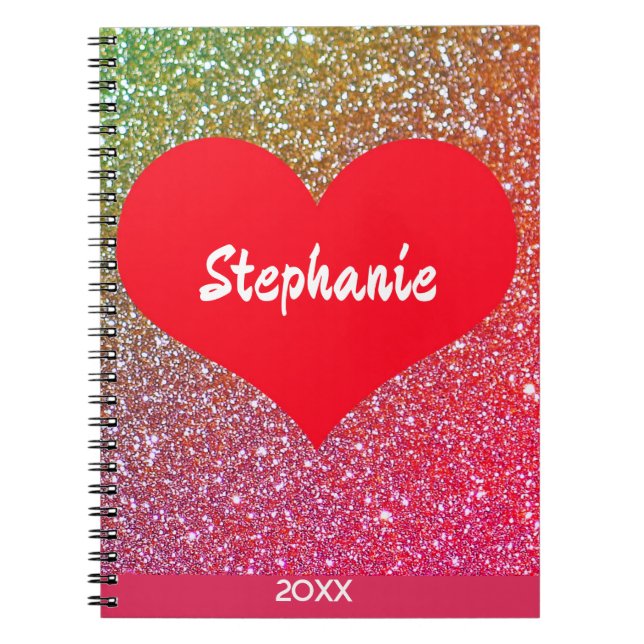 Red Heart Rose Gold Glitter Valentine's Day Name Notebook (Front)