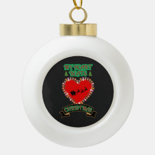 Red Heart Santa Sleigh Reindeer Christmas Holiday  Ceramic Ball Christmas Ornament