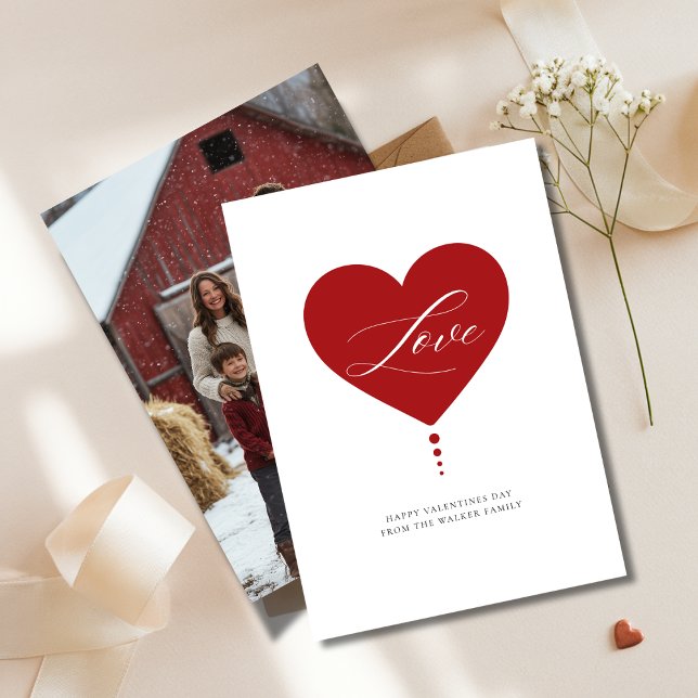 Red Heart Script Love Family Photo Valentines Day Holiday Card (Creator Uploaded)